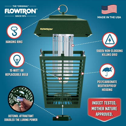 Flowtron Electric Bug Zapper 1/2 Acre Outdoor Insect Control with Dual Lure Method, 15W UV Light & Octenol Attractant for Fly & Mosquito, 5600V Kill Grid, Made in USA, UL Certified - Green Color