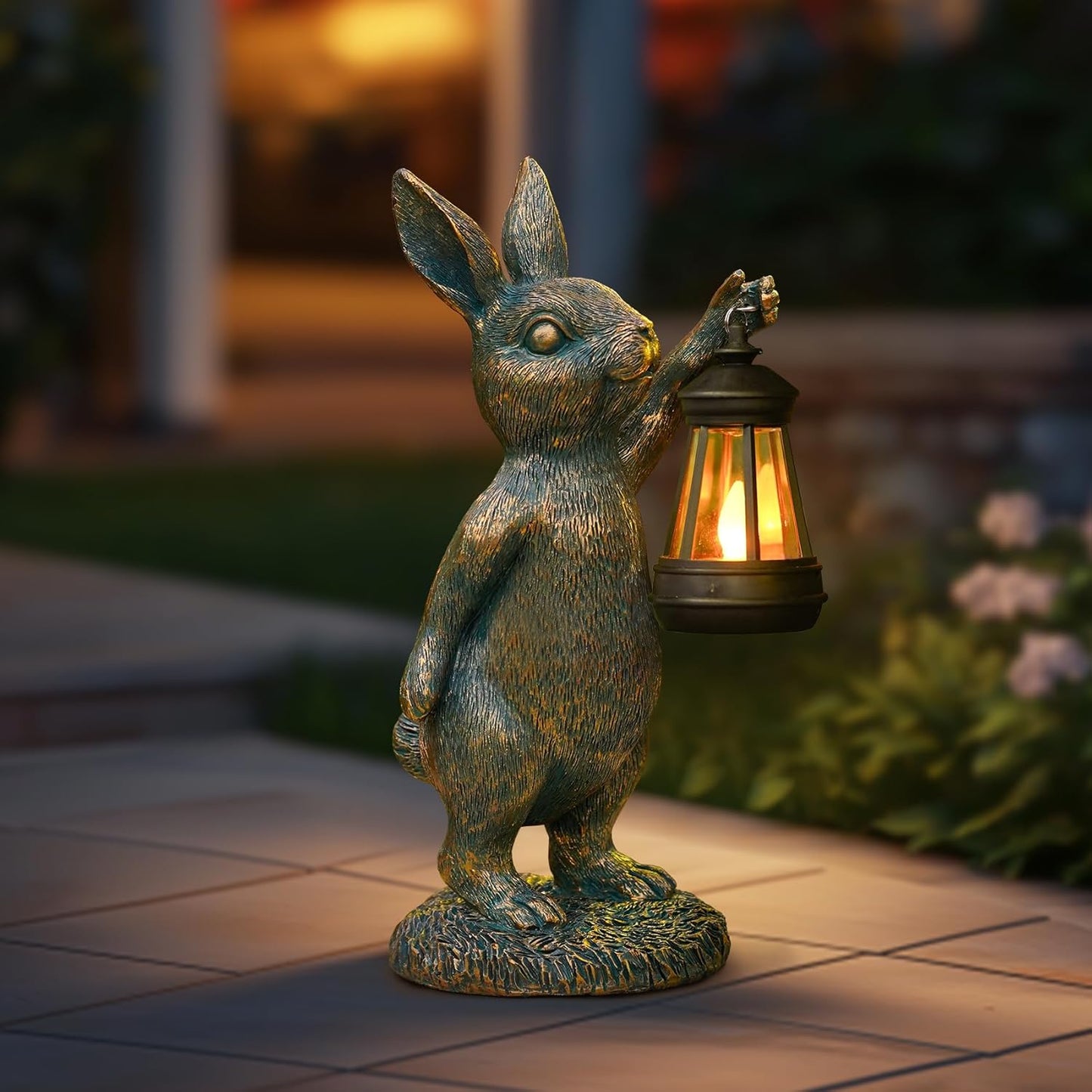 MININOVA Rabbit Garden Statues with Solar Lantern Bunny Outdoor Resin Sculpture for Patio Yard Lawn Decorations Gifts for Mother’s Day Housewarming Christmas