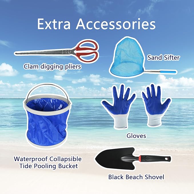 Sand Flea Rake Set, Sand Sifter for The Beach, Stainless Steel Shark Tooth Sifter, with 16" Width Basket Metal Detecting Tool with Anti Slip Handle for Collecting Seashells