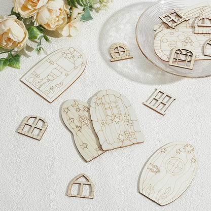 128 Pcs Fairy Doors, 16 Styles Wooden Miniature Garden Door Unfinished DIY Blank Windows for Miniature Fairy Room Decorations