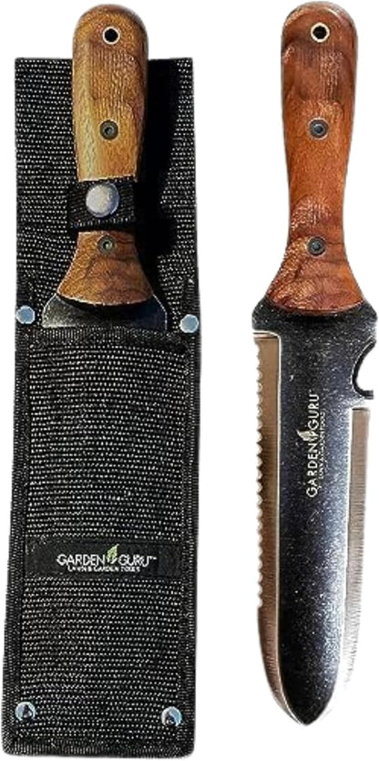 Garden Guru Hori Hori Gardening Knife for Weeding Digging & Cultivating - Stainless Steel Full Tang Blade, Walnut Wood Handle, Marks for Measuring Planting Depth, with Nylon Sheath - 1 Case (30 Pcs)