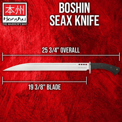 Honshu Boshin Seax Knife | 19 3/8" Full-Tang Stainless Steel Blade | Textured TPR Handle | Premium Leather Sheath with Paracord Lanyard | Modern Tactical Seax Design | 25 3/4" Overall Length