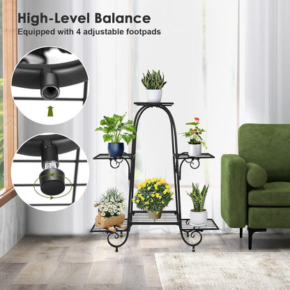 S AFSTAR 6-Tier Metal Plant Stand, Heavy-Duty Plant Display Stand Rack w/ Adjustable Footpads, Slatted Support Panel, Elevated Base, Decorative Flower Potted Holder Rack for Balcony, Living Room, Easy Assembly