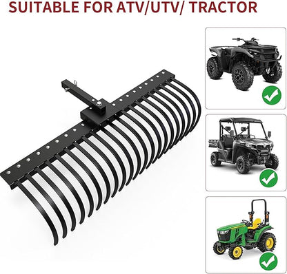 YITAMOTOR 60" Tow Behind Landscape Rake, 2" Receiver Lown Dethatcher Rack with 21 Steel Tines for ATV/UTV & 3-Point Hitch Systems Tractor, Features to 48" or 60" Toolbars for Leaves, Debris, Grass