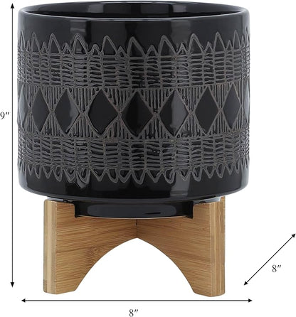 Sagebrook Home Black and Gray Aztec Design Ceramic Planter with Solid Rubberwood Stand for Tabletop Display in Living Room, Bedroom, or Office