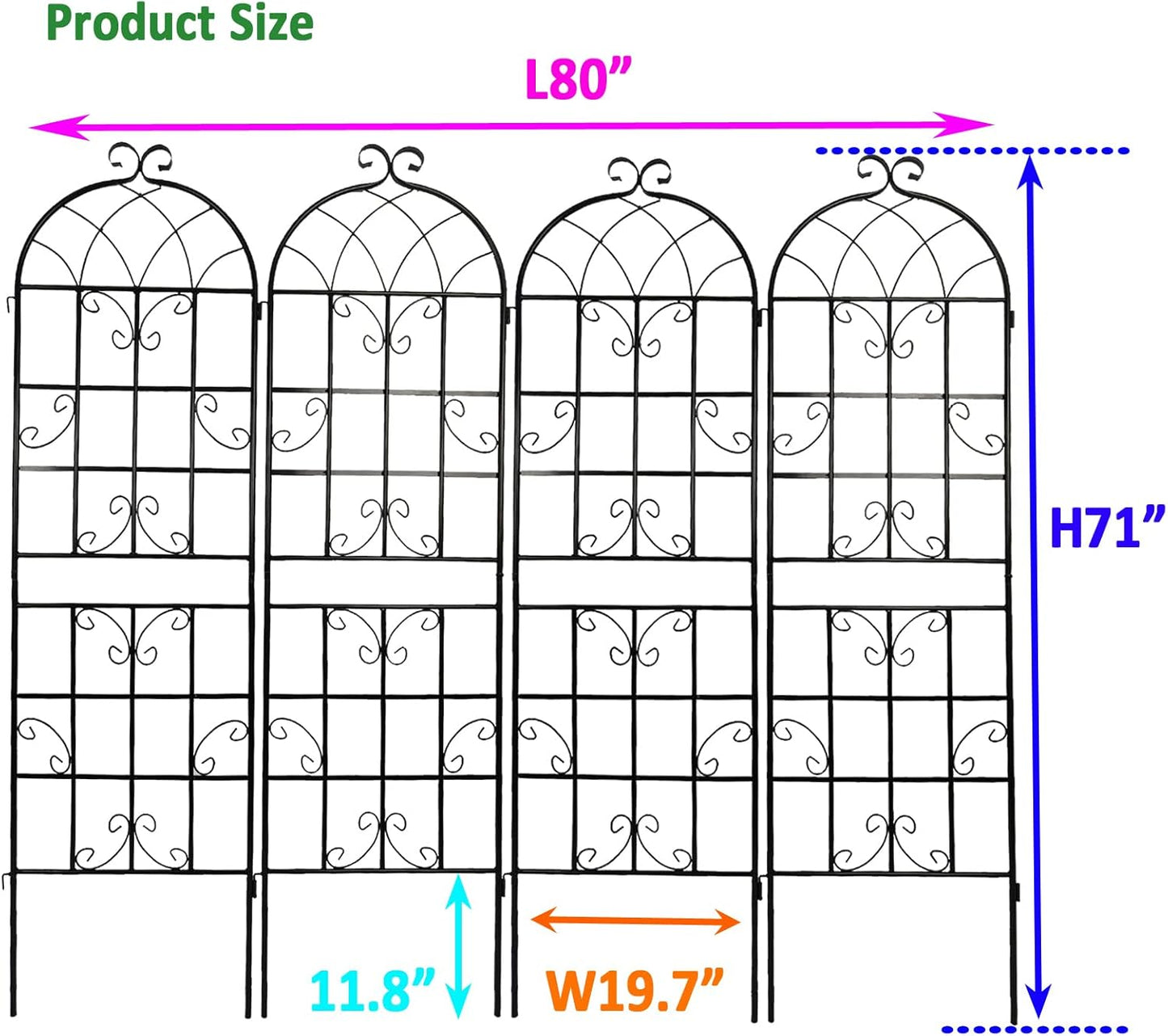 Metal Garden Trellis Rustproof Trellis for Climbing Plants Outdoor Flower Support (Black-4 Pack, 71"x19.7")