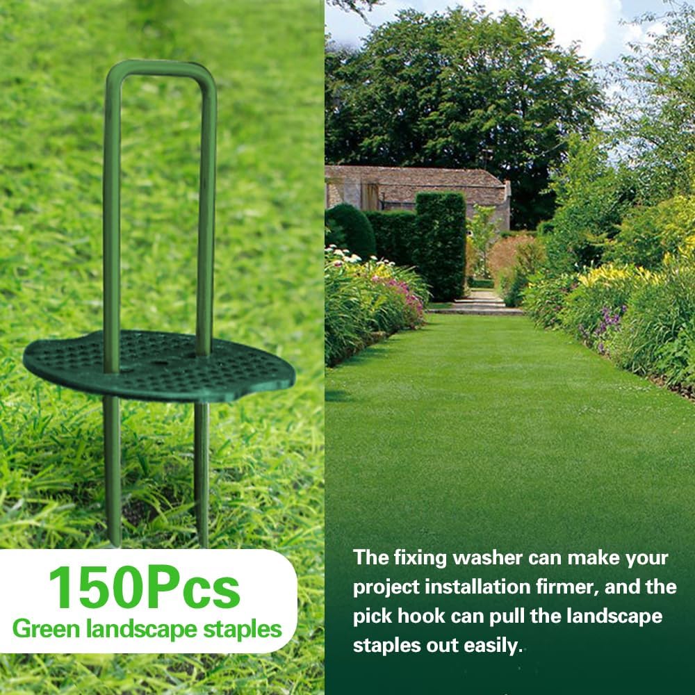 Bakulyor 150pcs Green Artificial Turf Stakes Staples + 150pcs Buffer Washer, 6 Inch 11 Gauge Landscape Staples, Galvanized Lawn Spikes, Heavy Duty Yard Ground Pin for Grass Weed Barrier Sod Fabric