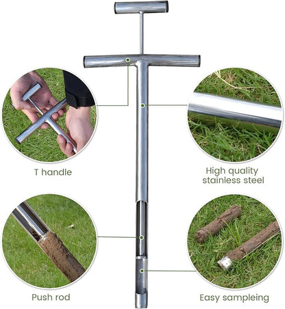 Soil Probe 16 Inch with 2 Bags, Soil Sample Probe with Ejector for Lawn House Plants, T-Handle Soil Sampler Probe Rod, Stainless Steel Soil Test Kits Tool for Soil Sampling