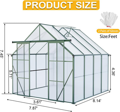 KEIKI 8x8 FT Double Door Polycarbonate Greenhouse with Aluminum Frame,Raised Base and Roof Vent,Walk-in Greenhouses for Patio Garden Backyard