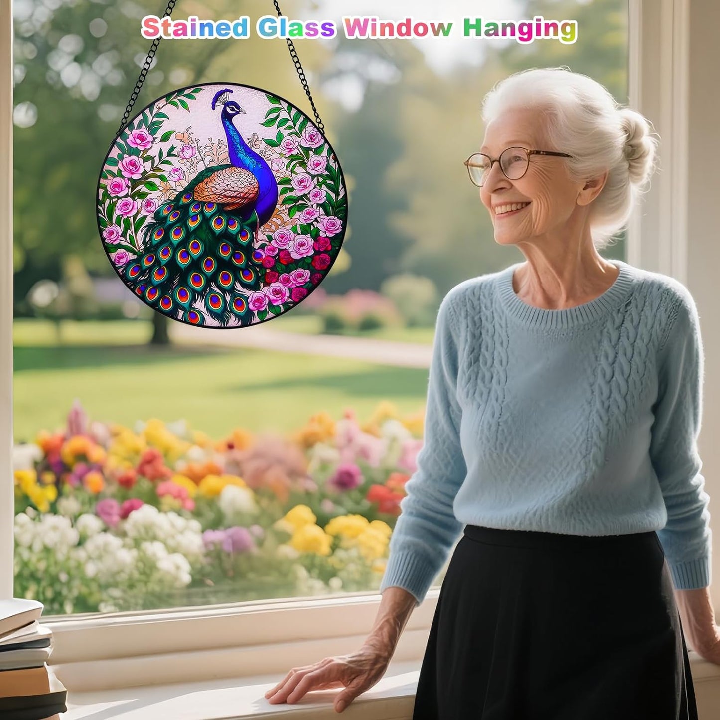 Peacock Stained Glass Suncatcher, Stained Glass Window Hanging, Window Suncatcher Home Wall Art Decorations, Gift for Mom (12 Inch)