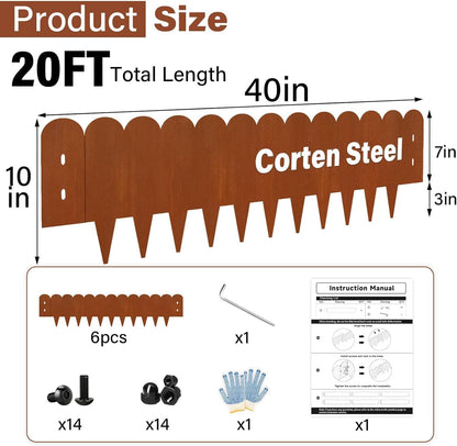 Co-rten Steel Landscape Edging 10" H x 40" L, 6 Pack Heavy Duty Metal Garden Edging, Rust-Resistant Steel Edging, Bendable Metal Edging for Landscaping, Yard, Tree, Flower Bed(Total 20ft.)