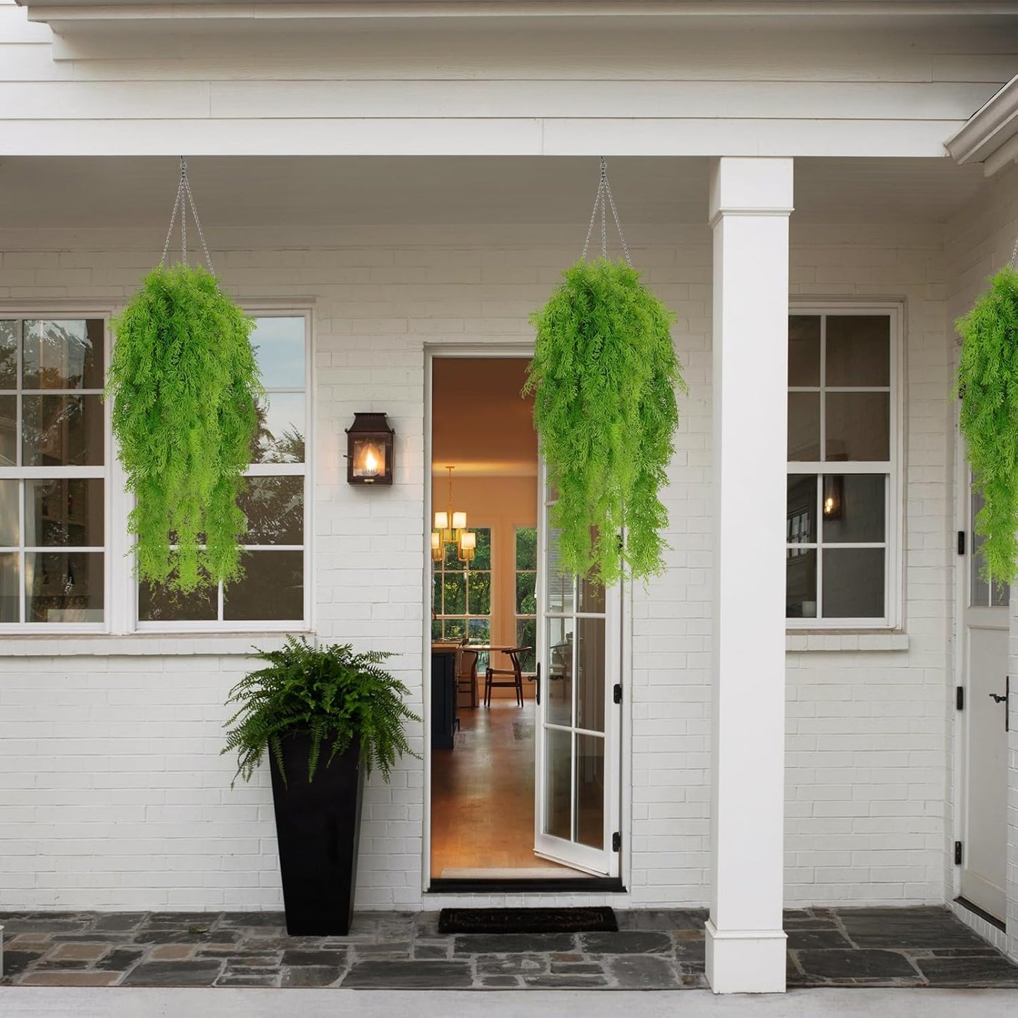 RECUTMS 3 Pcs Artificial Fake Hanging Ferns Plants Vine Ivy Outdoor UV Resistant Plastic Faux Plant for Outside Decoration (Green)