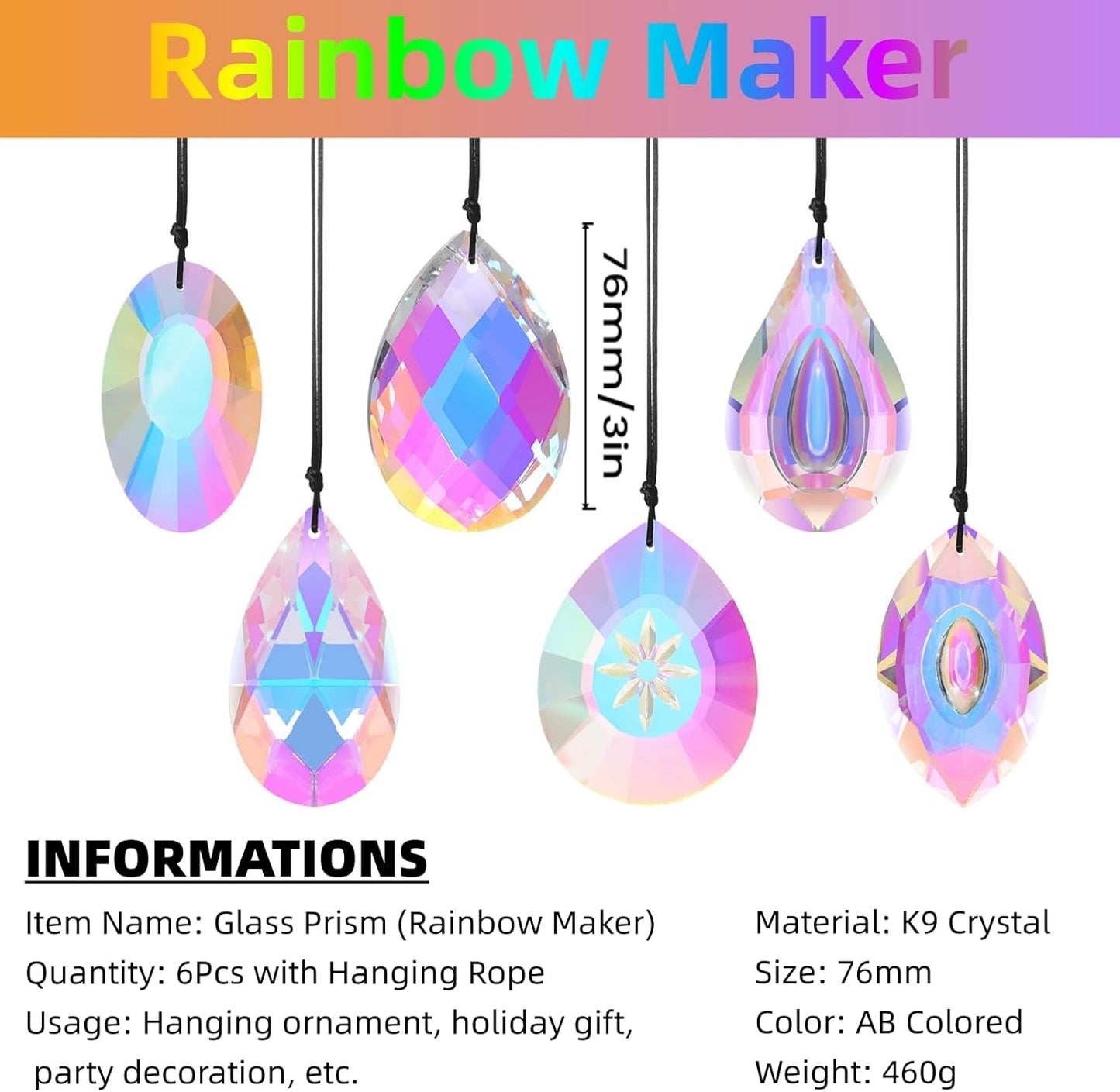 6Pcs Crystal Sun Catcher Prisms, Suncatchers for Windows Hanging, AB Colored Chandelier Crystals Prisms for Room Garden Rainbow Maker Pendants Home Decor