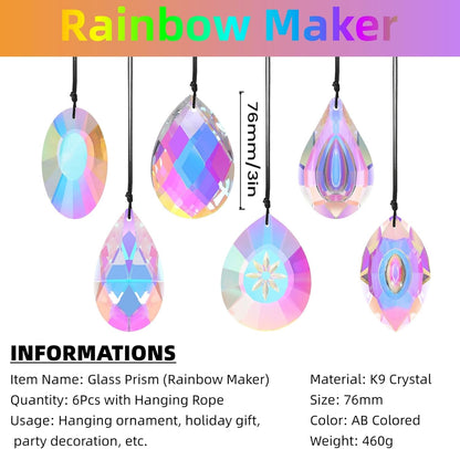 6Pcs Crystal Sun Catcher Prisms, Suncatchers for Windows Hanging, AB Colored Chandelier Crystals Prisms for Room Garden Rainbow Maker Pendants Home Decor
