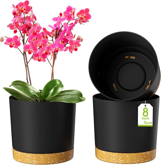 ZMTECH Plant Pots, Set of 3 8'' Self Watering Plastic Planter with Drainage Hole and Saucer, Modern Decorative Flower Pot for Indoor Outdoor House Plants, Succulents, Flowers - Dark Gray