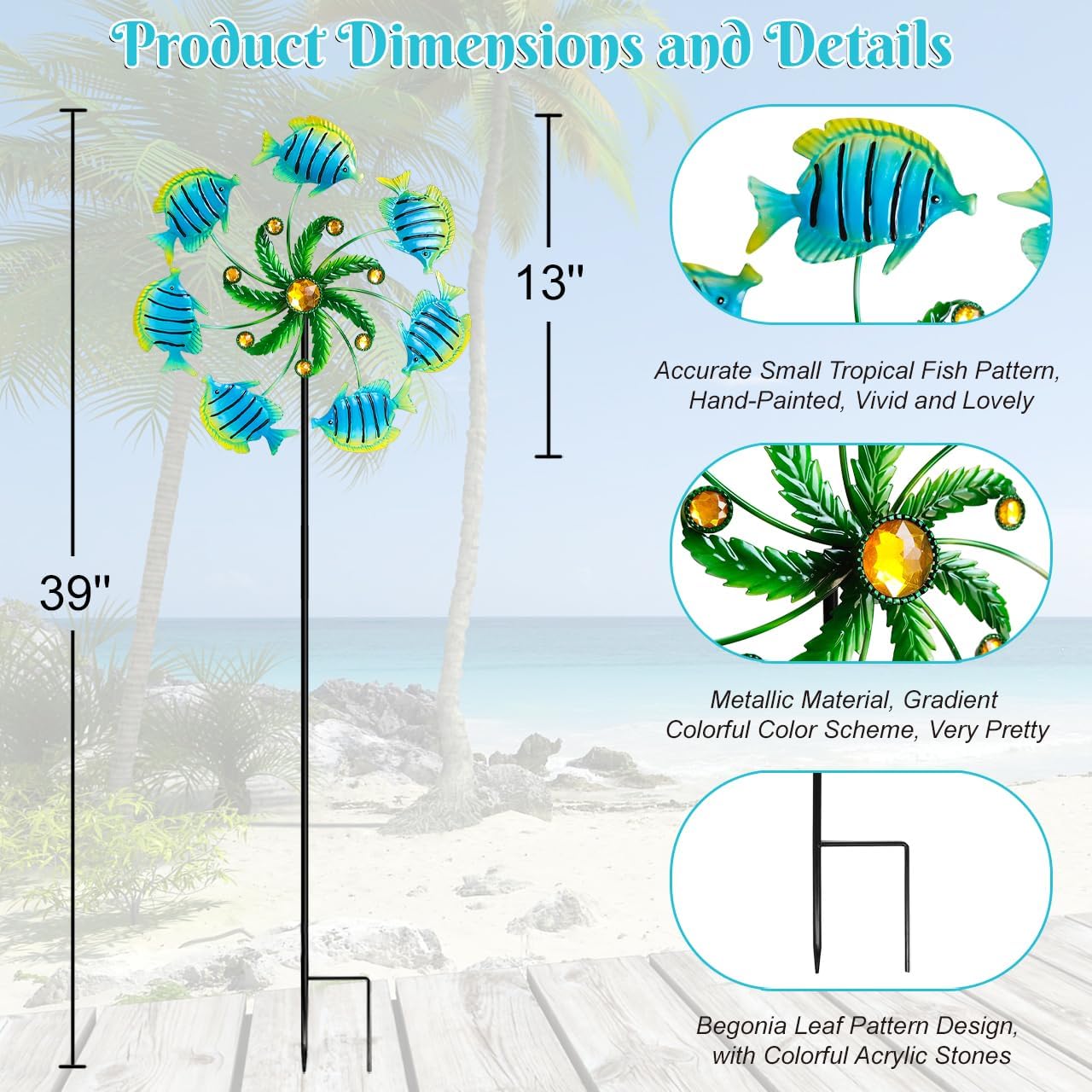 Tropical Fish Wind Spinners - 39" Ocean-Themed Metal Wind Sculptures Garden Stake Art, 13.5” Windmill Yard Kinetic, Outdoor Decor for Patio & Lawn - Metal Beach Sculpture with Fish Design