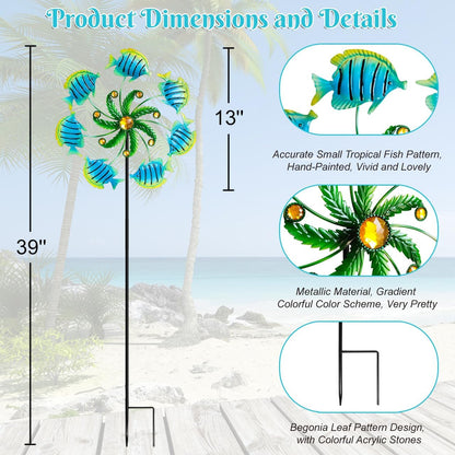 Tropical Fish Wind Spinners - 39" Ocean-Themed Metal Wind Sculptures Garden Stake Art, 13.5” Windmill Yard Kinetic, Outdoor Decor for Patio & Lawn - Metal Beach Sculpture with Fish Design
