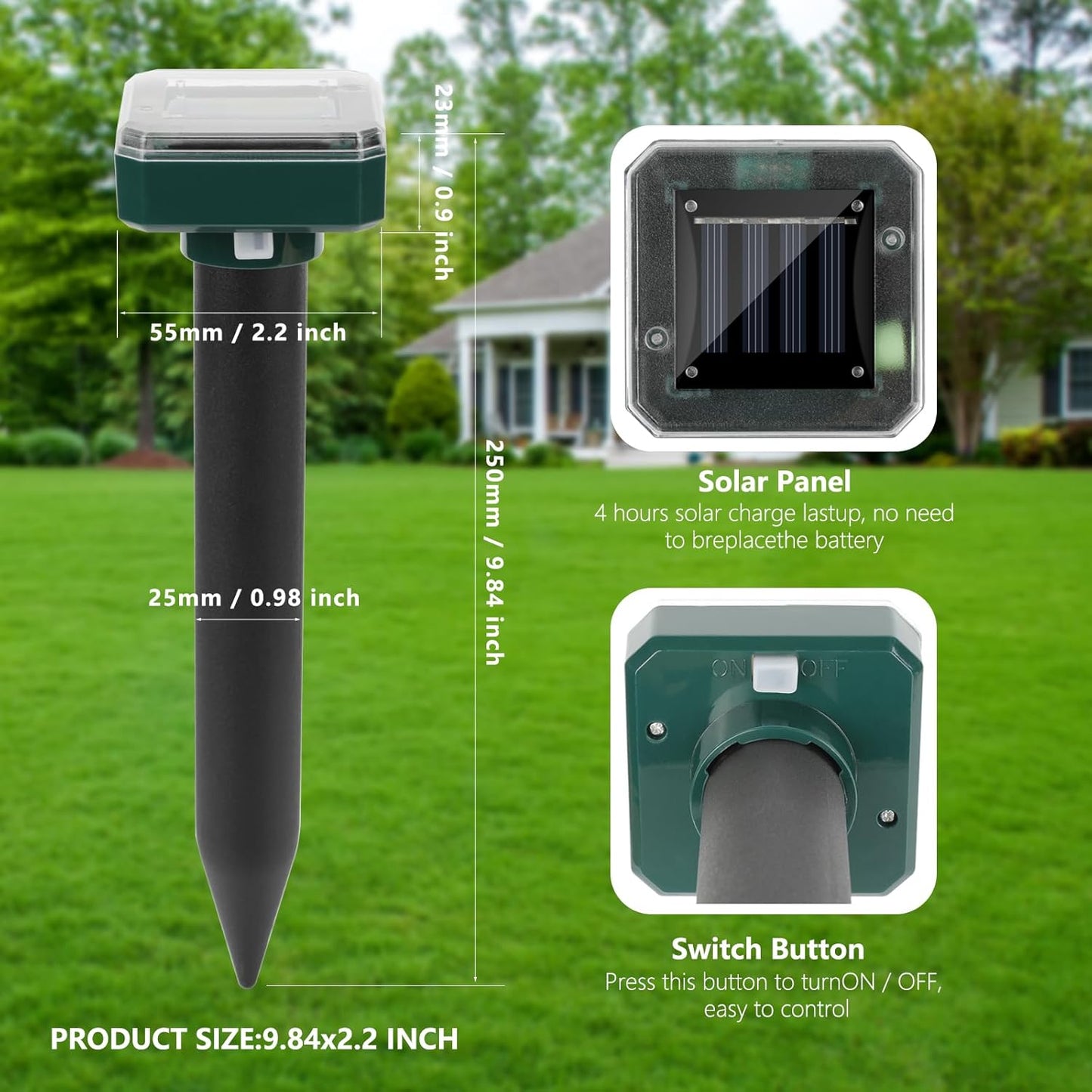 Mole Repellent Solar Powered, 8 Pack Waterproof Ultrasonic Deterrent Gopher Vole Repellent Outdoor, Repellent Rat, Squirrel, Skunk, Mole for Lawns Garden Yard