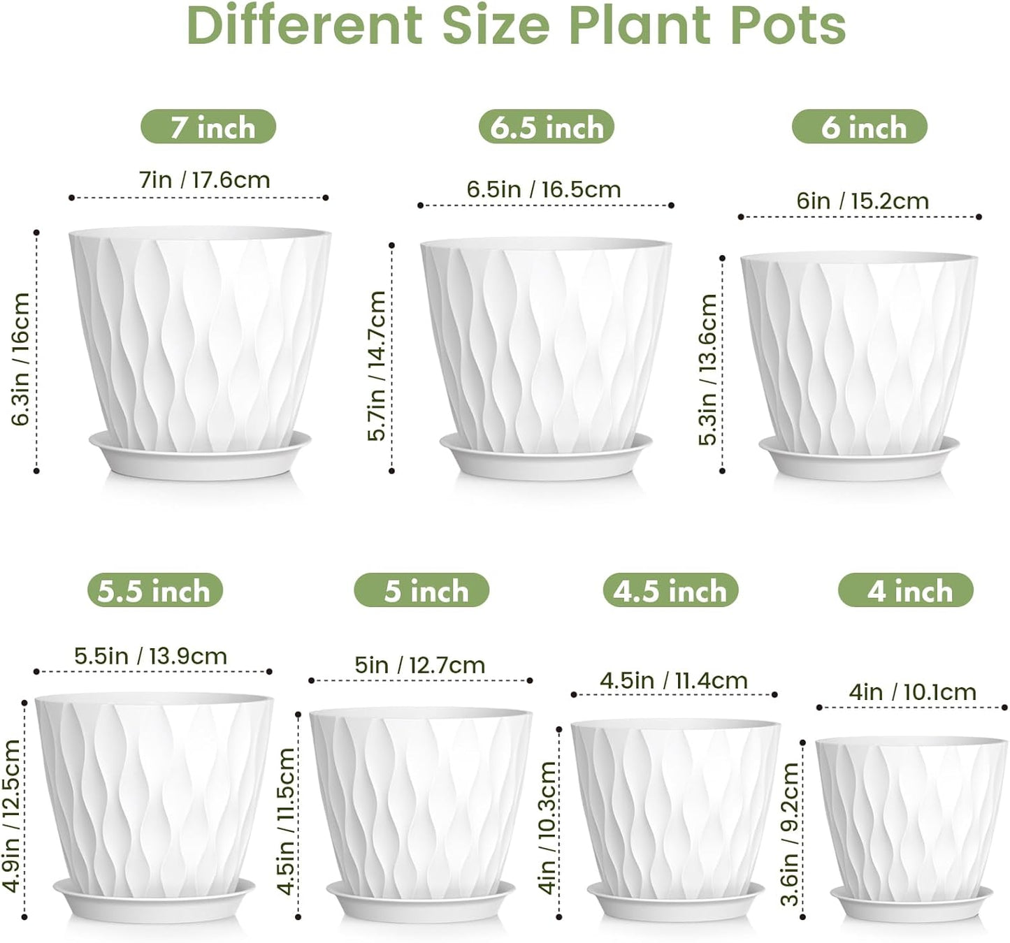 7/6.5/6/5.5/5/4.5/4 inch Plant Pots for Indoor Outdoor Plants, 7 Pack Thick Flower Pots with Drainage Holes and Saucers, Modern Wave Texture Plastic Planter Pots for Nursery, Succulent, White