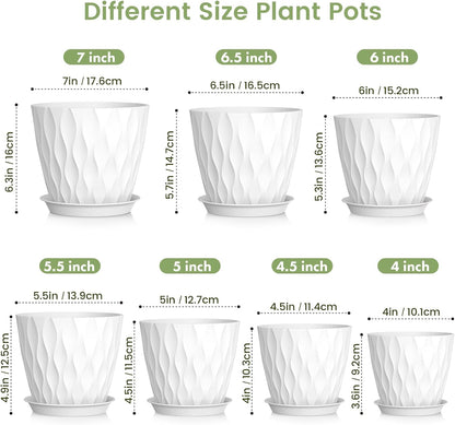 7/6.5/6/5.5/5/4.5/4 inch Plant Pots for Indoor Outdoor Plants, 7 Pack Thick Flower Pots with Drainage Holes and Saucers, Modern Wave Texture Plastic Planter Pots for Nursery, Succulent, White