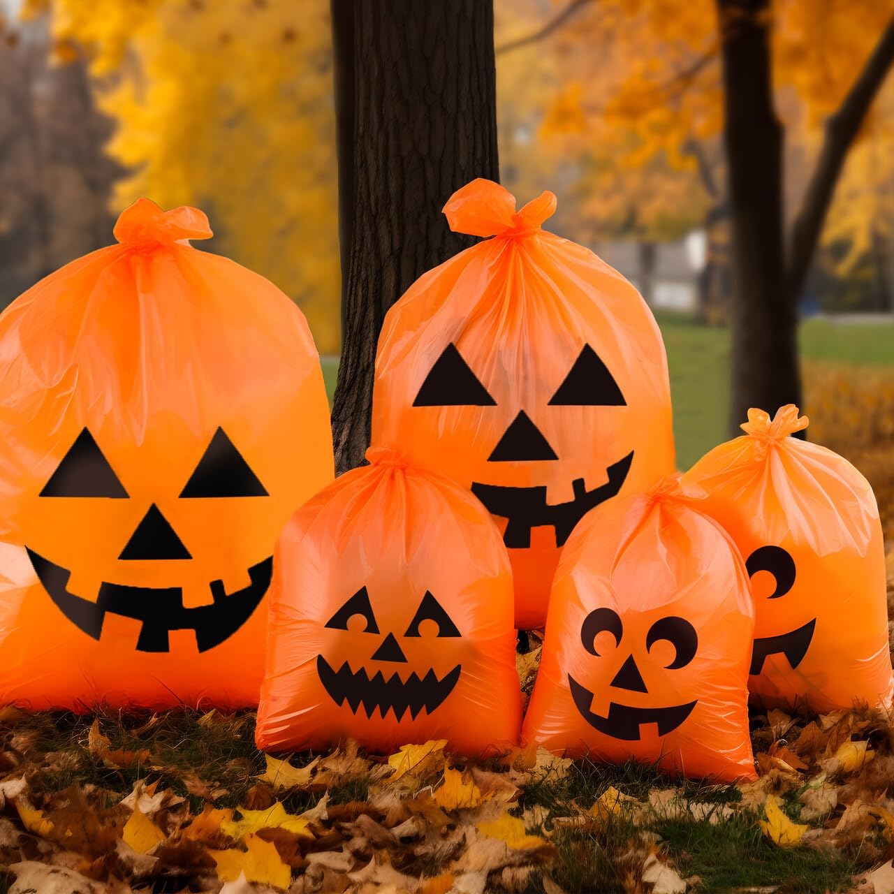 JOYIN 6 Pcs Halloween Pumpkin Leaf Bags, Plastic Lawn Bags for Yard Fall Leaf Halloween Decorations, Jack o' Lantern Reusable Trash Bag for Decor Party Favors, Party Supplies