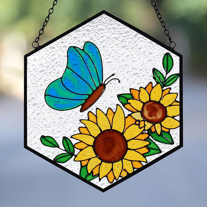 Butterfly Sunflower Stained Glass Suncatchers Windows Hanging Decorative,Hand Paint Sun Sunflower Catchers Indoor Ornaments with Stick Hook,Memorial Gifts for Mom/Women