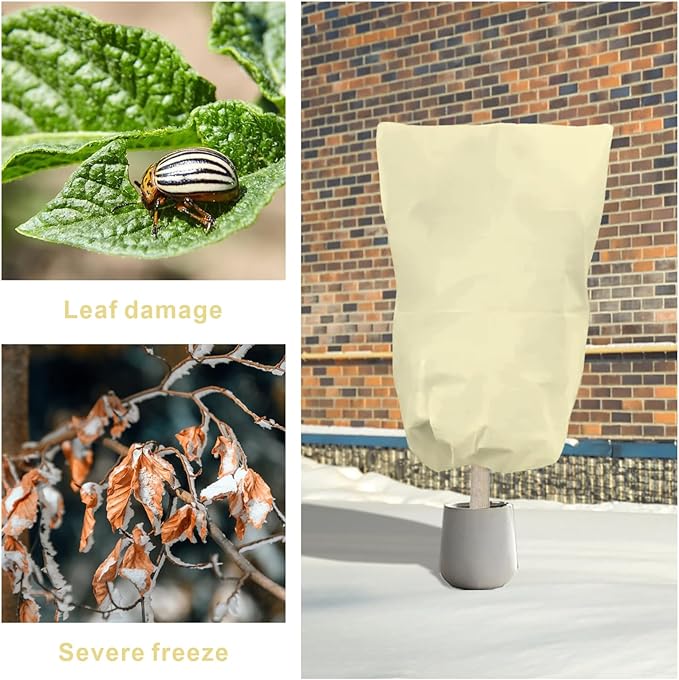 Eunika 6 PCS Plant Covers Freeze Protection, 47.2"x31.5" Frost Blankets with Drawstring Reusable Winter Plant Protectors Bag Covers for Outdoor Garden Trees, Shrubs Cover for Cold Pest, Beige