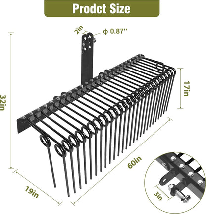 GAOMON 60 Inch Pine Straw Rake, 26 Coil Spring Tines Durable Powder Coated Steel Tow Behind Landscape Rake with 3 Point Hitch Receiver Attachment Fit to Cat0 Cat 1 Tractors for Leaves Grass, Black