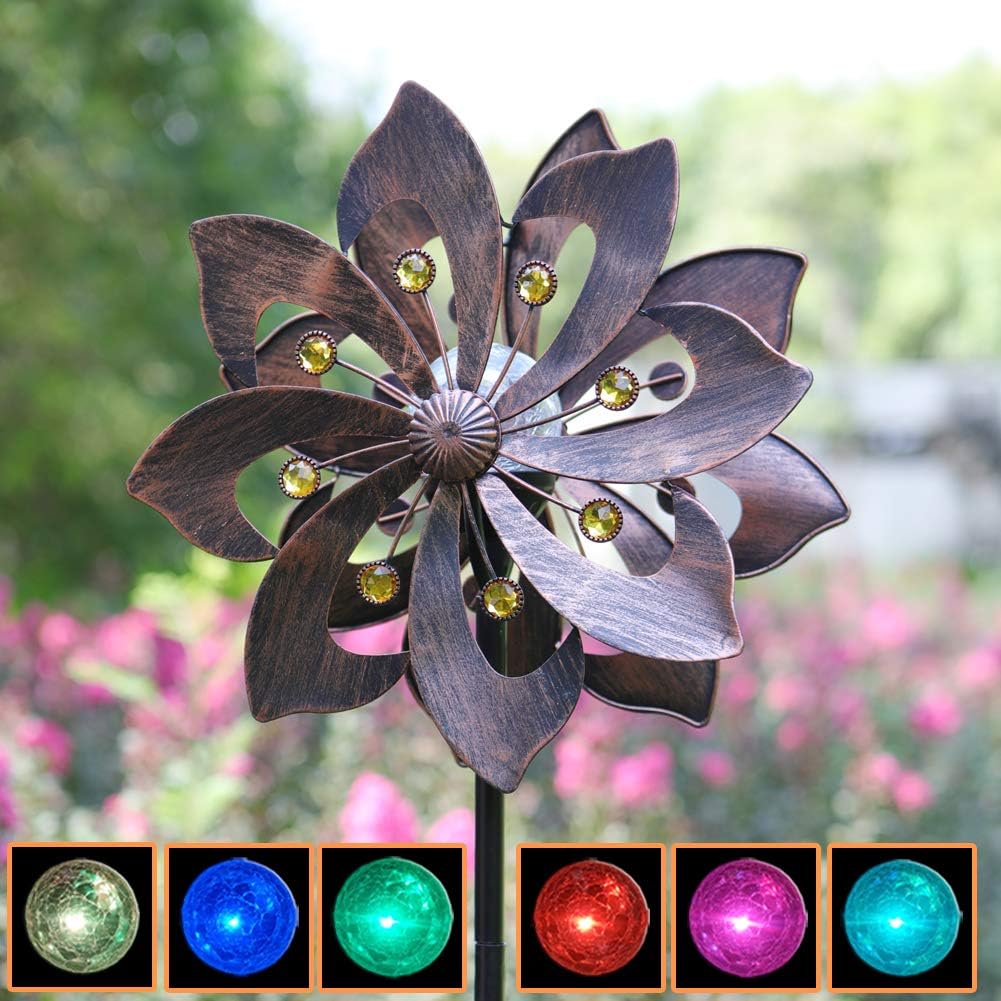 Solar Copper Wind Spinner with Glass Ball Color Changing LED Lighting with Kinetic Wind Mill Dual Direction for Patio Lawn Garden Holiday Decoration…