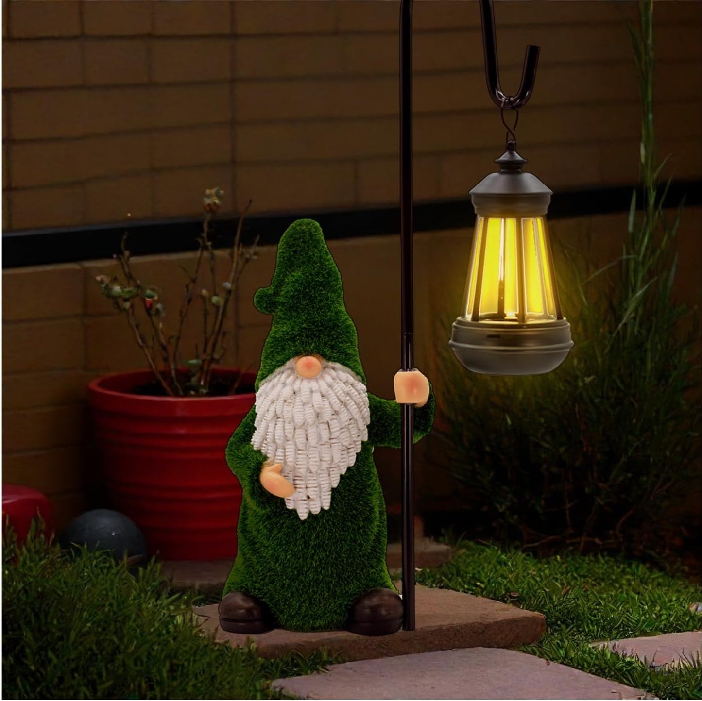 Garden Gnome with Solar Lantern, Grass-Like Flocked Hat, Outdoor Garden Figurine Lights, Unique Gift for Women, Mom, Friends (Green Flocked Gnome)