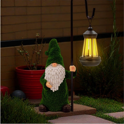 Garden Gnome with Solar Lantern, Grass-Like Flocked Hat, Outdoor Garden Figurine Lights, Unique Gift for Women, Mom, Friends (Green Flocked Gnome)
