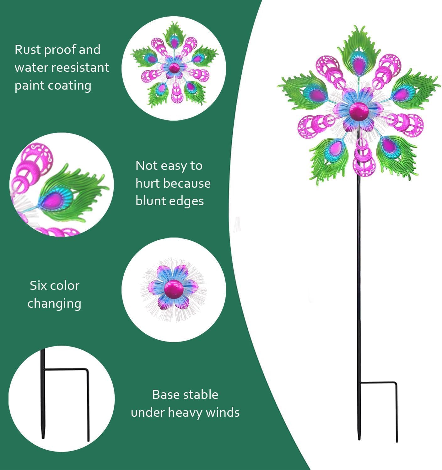 Solar Peacock Wind Spinners for Yard and Garden, 40 Inch Solar Windmill Garden Whirligig Kinetic Spinners Decor for Lawn,Patio&Yard, Metal Whirligigs Purple Wind Spinners Outdoor