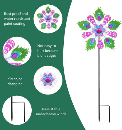 Solar Peacock Wind Spinners for Yard and Garden, 40 Inch Solar Windmill Garden Whirligig Kinetic Spinners Decor for Lawn,Patio&Yard, Metal Whirligigs Purple Wind Spinners Outdoor