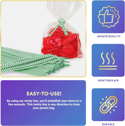 APQ Green and White Metallic Twist Ties for Bags, 4 inches. 24000 Pack Plastic-Coated Bread Twist Tie for Treat Bags. Reusable Bread Tie. Light Metallic Twist Tie. Heavy-Duty Twisty Ties for Bags