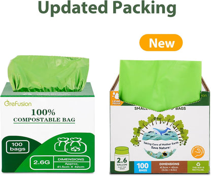 GreFusion 2.6 Gallon Compostable Trash Bags, 100 Count, Extra Thick 0.71 Mil, Certified by BPI and ASTM D6400, Perfect Fit for Small Trash Cans