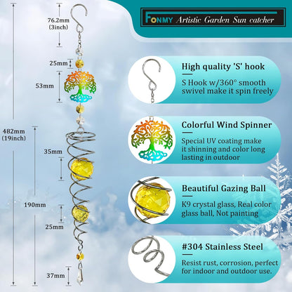 FONMY Tree of Life Gazing Ball Spiral Wind Spinner Sun Catcher Rainbow Maker Silver Spiral W/Golden K9 Crystal Ball Tree Hanging Ornament Indoor Outdoor Garden Decor. 19.5inch H