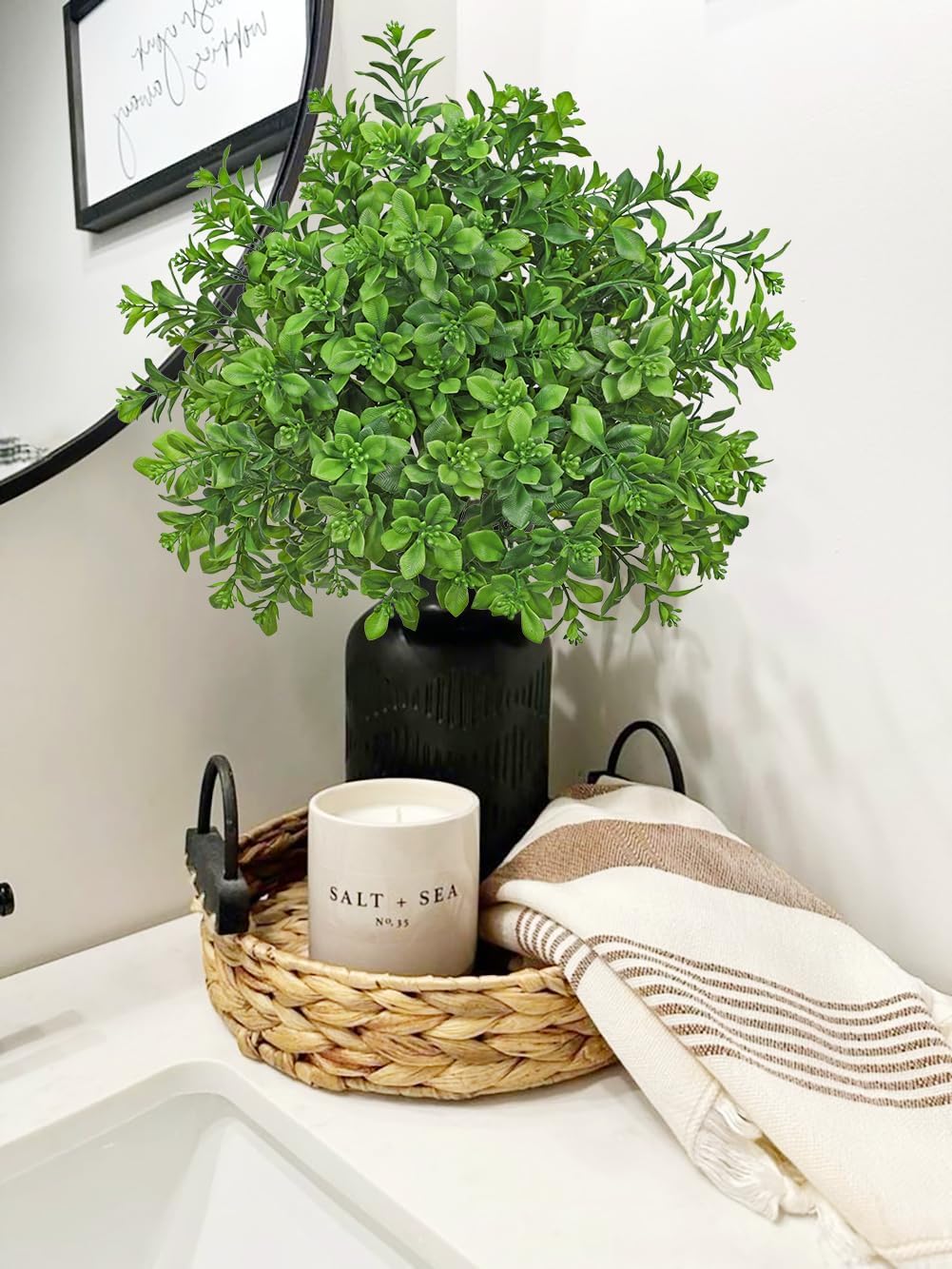 Artificial 5Pcs Faux Seeded Eucalyptus Leaves Stems Fake Plants Sharp UV Resistant Faux Plastic Boxwood for Kitchen Office Garden Porch Farmhouse Window Box Home Decor