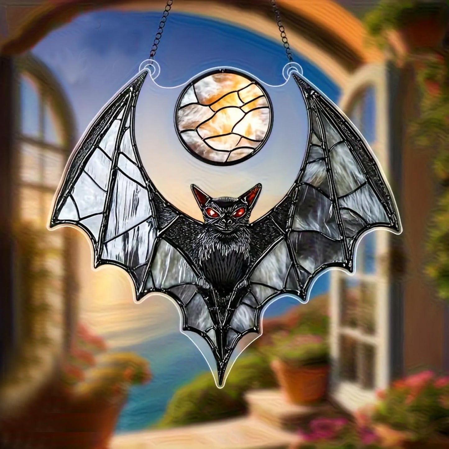 Bat Suncatcher,Halloween Window Hanging Spooky Black Sun Catcher,8 Inch Wall Indoor Outdoor Ornament Window Suncatcher for Garden，Home，Housewarming Decor
