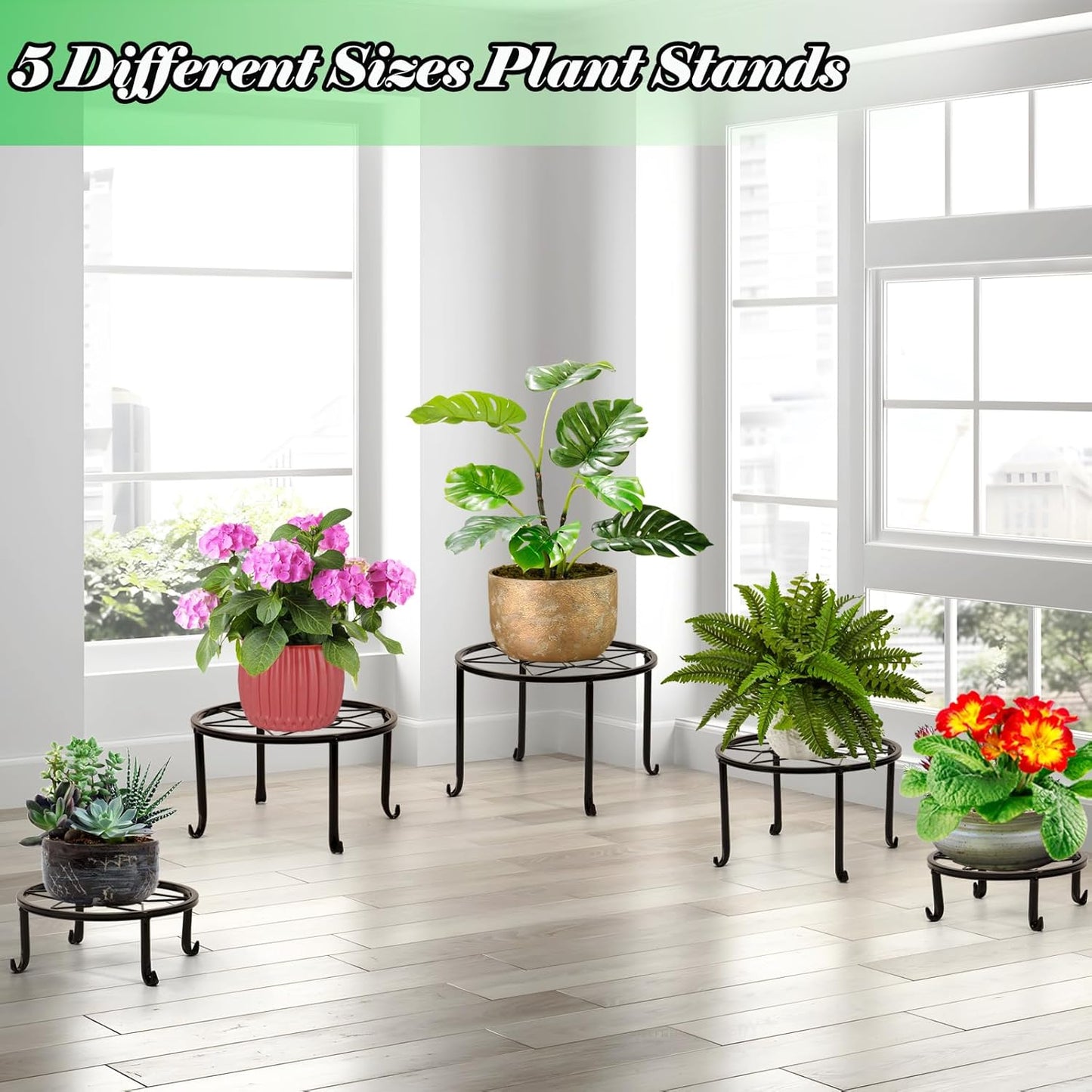5-Pack Metal Plant Stands, Heavy Duty Indoor/Outdoor, Rustproof Iron, Black