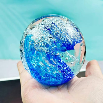 Decorative Crystal Ball Figurines Ocean Waves Paperweight Blown Glass Decor Sea Art Ocean Lovers Gift Blue 3.15"