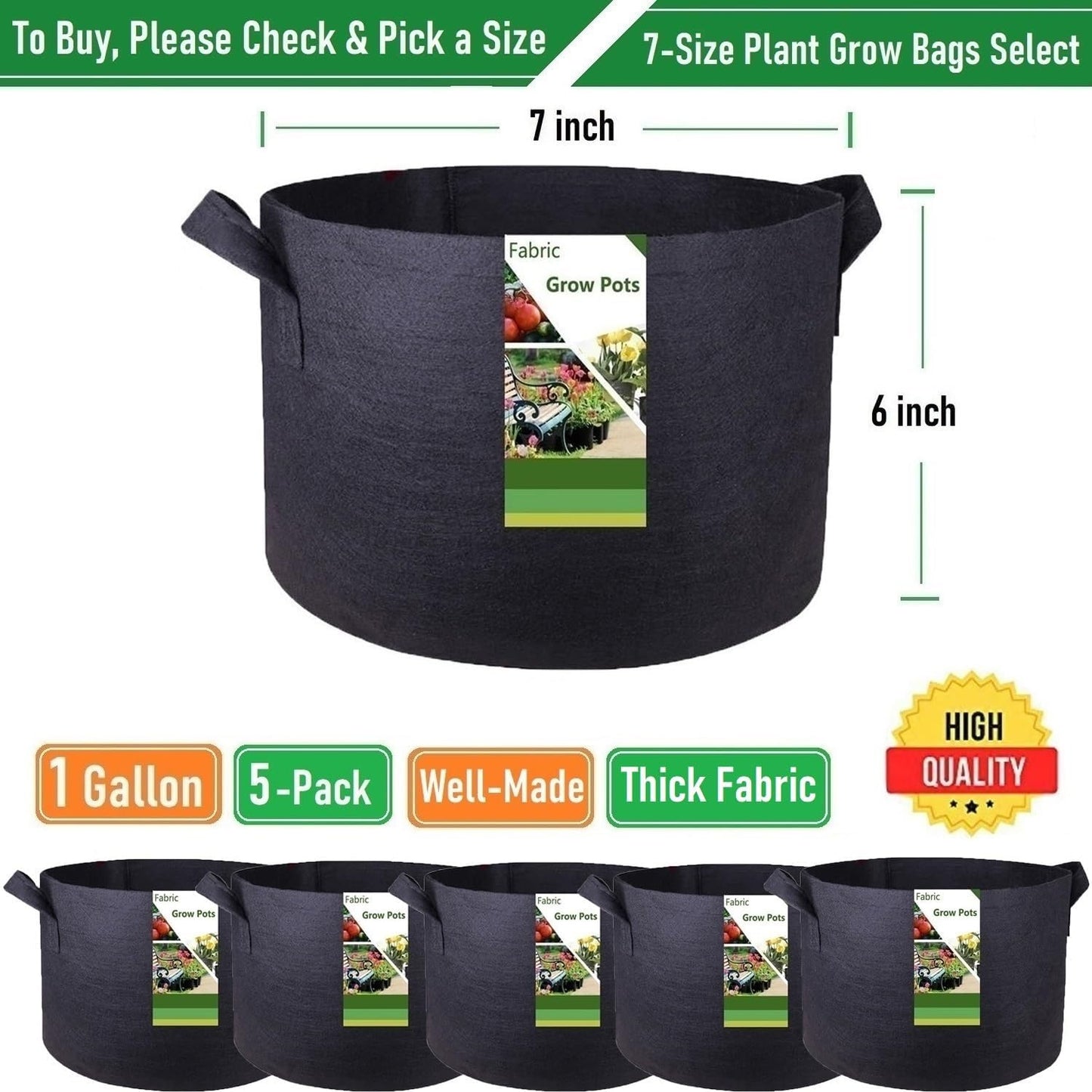 5-Pack 1 Gallon Plant Grow Bags (7x6 inch) Thickened Gardening Bags Fabric Plant Pots for Plant Nursery Bag,Garden Pots,Flower Pot,Herbs Veggies Planter Bag,Barrel Planter,Garden Container W/ Gloves