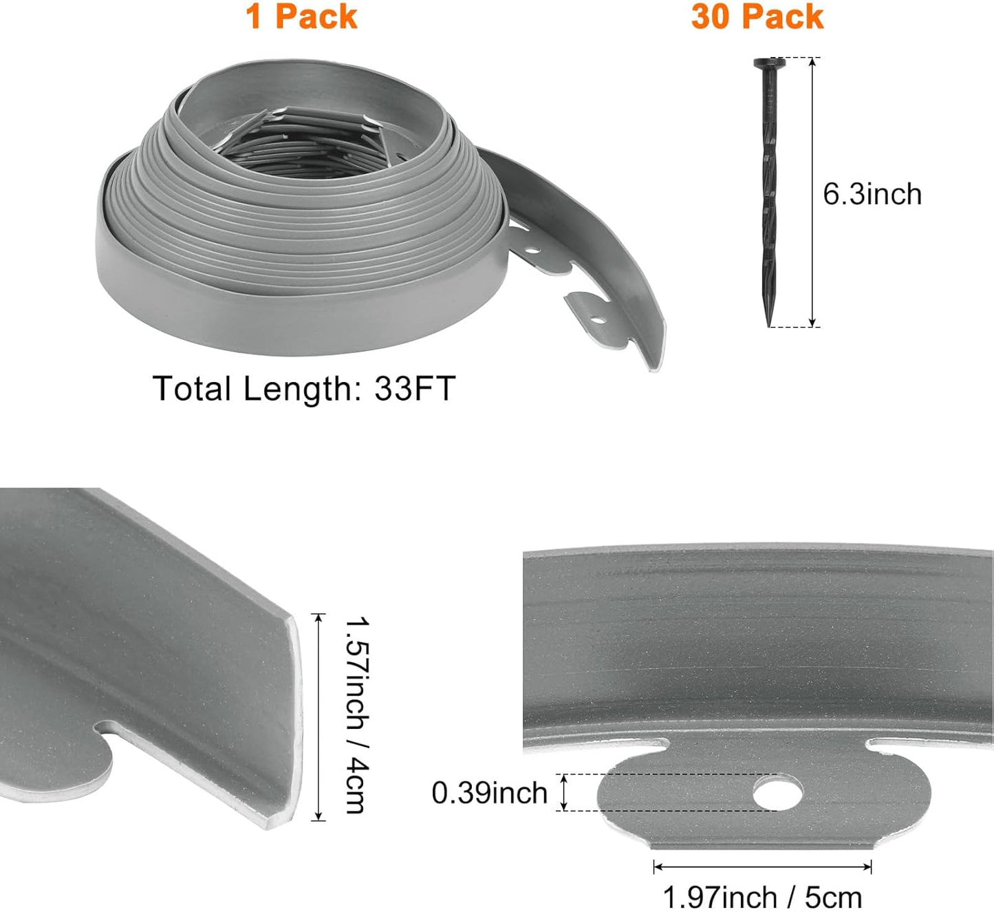 Garden Edging - 33 Feet Plastic Landscaping Edging Border with 30 PCS Spikes Apply to Flower Beds/Grass Lawn/Yard (33FT x 1.57IN, Gray)