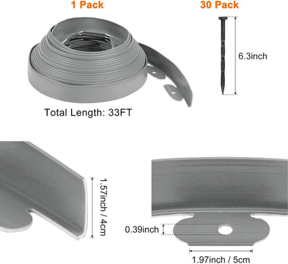 Garden Edging - 33 Feet Plastic Landscaping Edging Border with 30 PCS Spikes Apply to Flower Beds/Grass Lawn/Yard (33FT x 1.57IN, Gray)