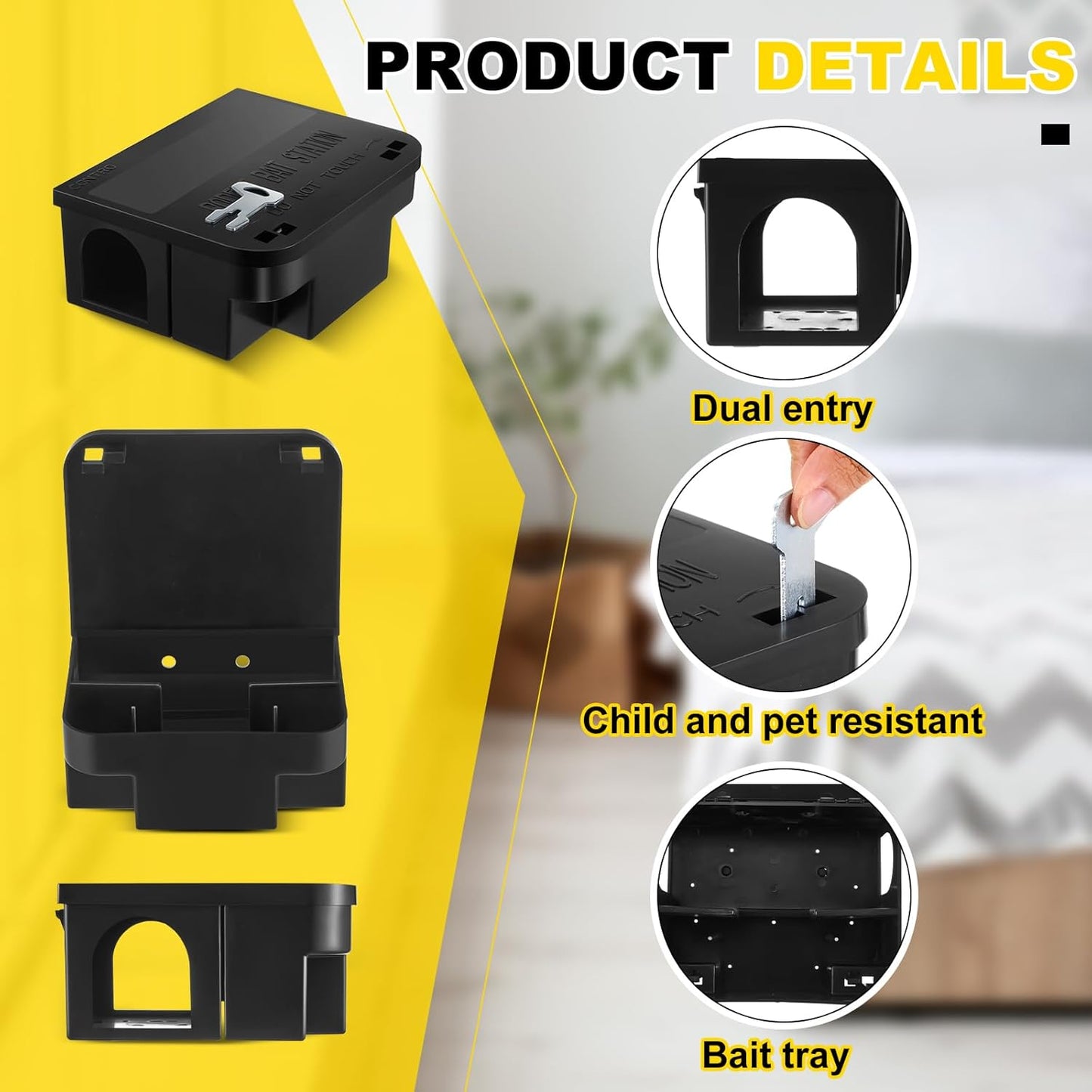 Qualirey 4 Pcs Rat Bait Station 8.86 x 7.28 x 3.62 Inches Rat Traps with Openable Lid, Blocks Boxes with Keys for Big Mouse, Keeps Children and Pets Safe Indoor & Outdoor, Bait Not Included (Black)