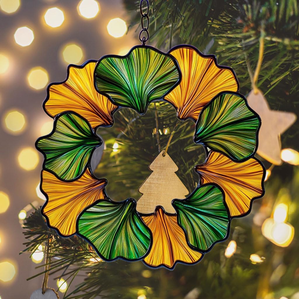 Ginkgo Wreath Acrylic Suncatcher Stained Glass Effect Window Car Hanging Christmas Ornament Indoor Outdoor Decor Garden Sun Catcher Panel for Acrylic Suncatcher Lover for Women Mom Grandma