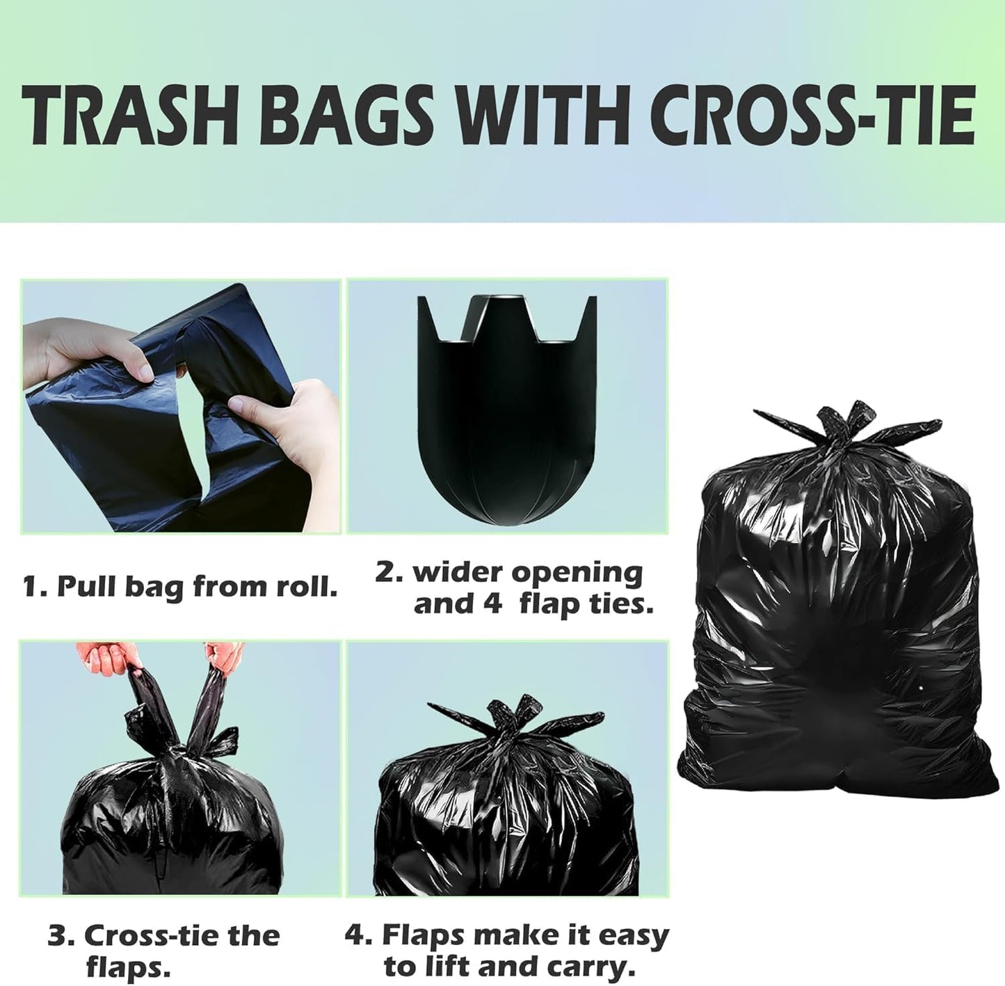 30-33 Gallon 1.1 Mil Heavy Duty Trash Bags 60 Count with 4 Innovative Flap Ties | Compatible with Rubbermaid Brute & Winco & Behrens 30-33 Gallon Round Trash Can | Tear & Leak Resistant Black