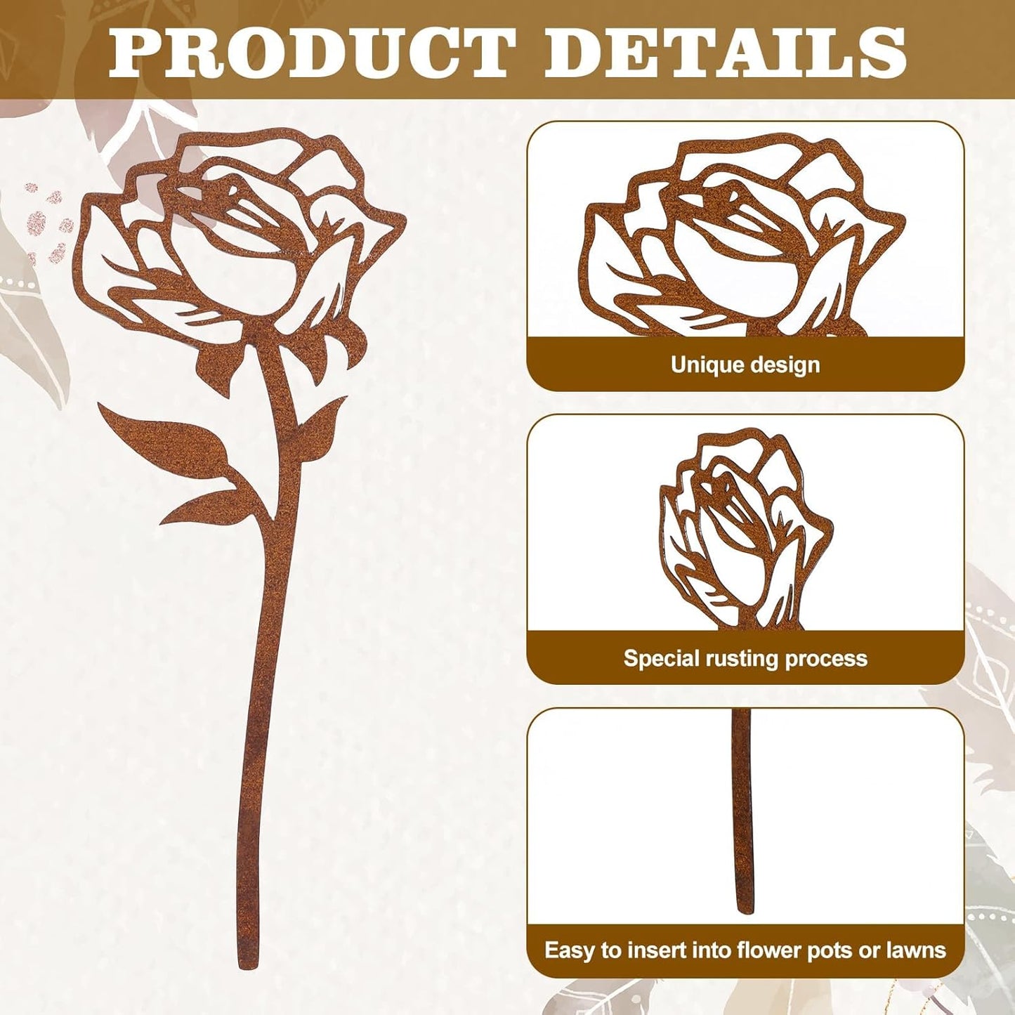 16 Pcs Metal Garden Stakes Decorative Flowers for Outside Rusty Finish Metal Plant Stakes for Indoor Outdoor Lawn Yard Walkway Garden