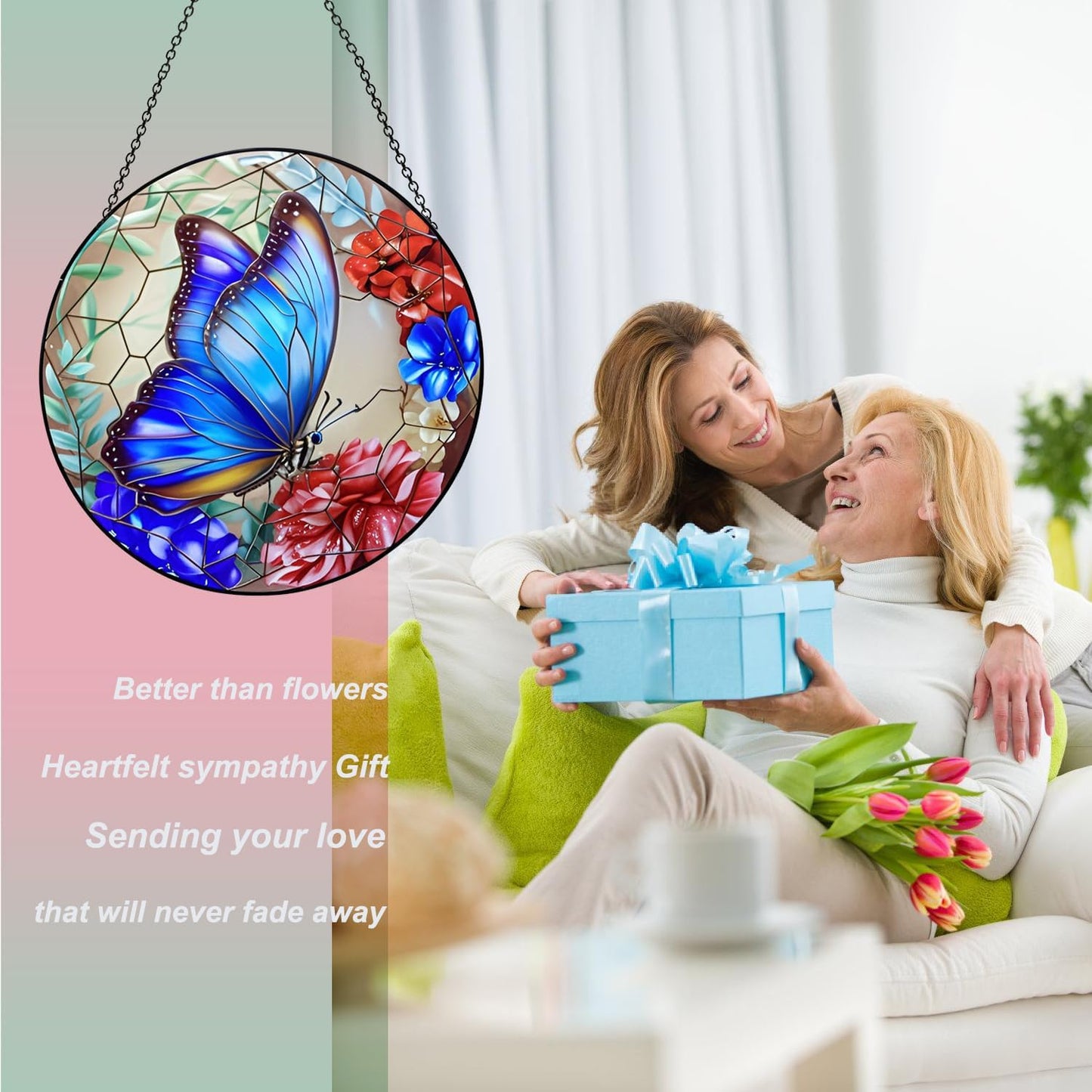 12 Inch Stained Glass Window Hanging,Large Butterfly Suncatcher, Stained Glass Suncatcher, Butterfly Home Wall Art Decor for Indoor Window, Hand Multicolor Panel Sun Catcher