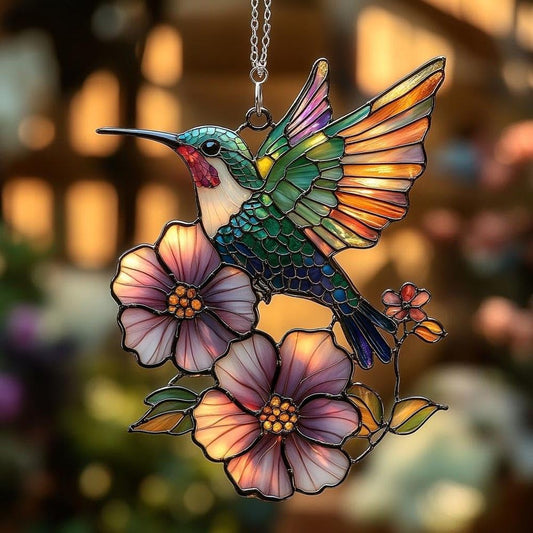 Flower and Hummingbird Acrylic Suncatcher Stained Glass Effect Window Car Hanging Christmas