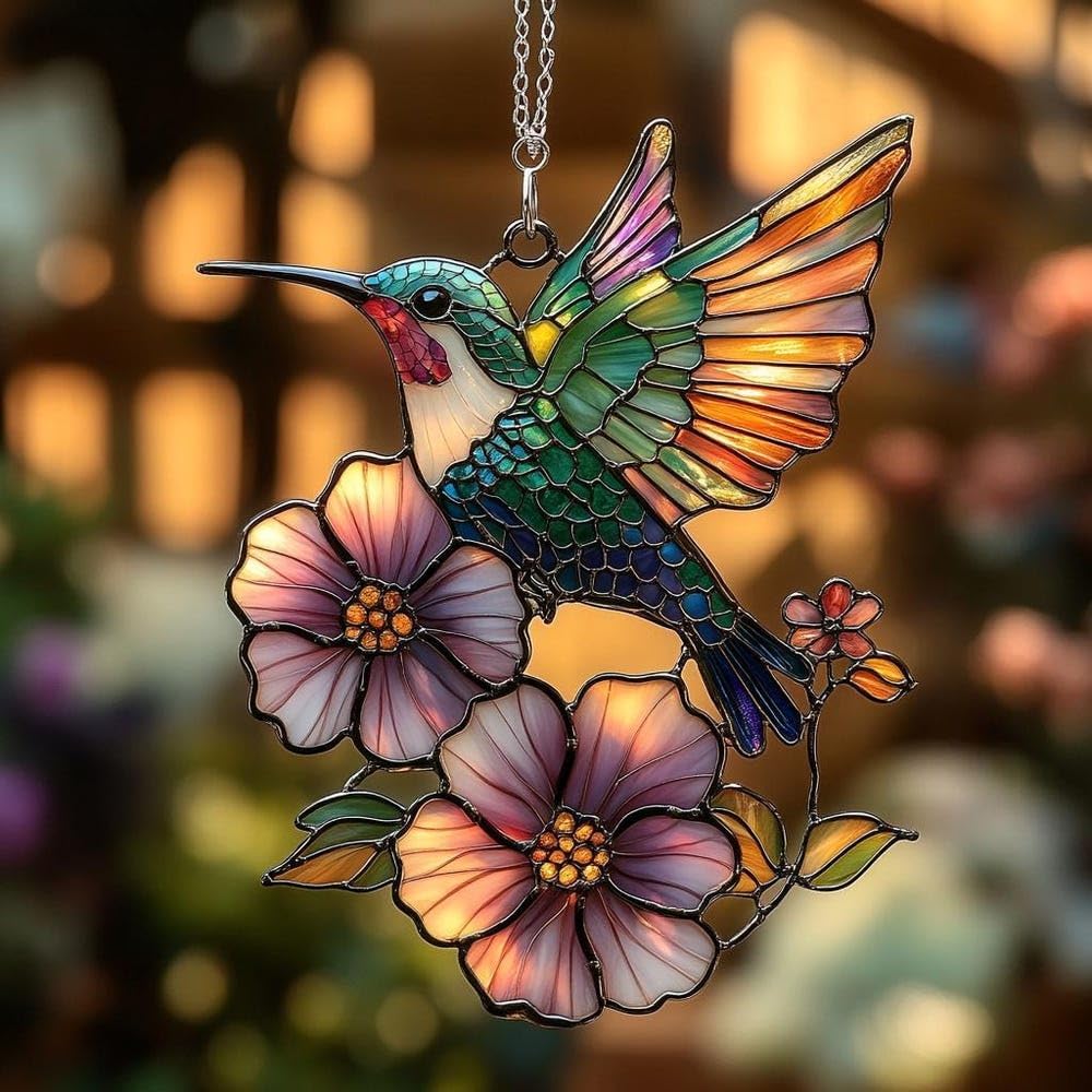 Flower and Hummingbird Acrylic Suncatcher Stained Glass Effect Window Car Hanging Christmas Ornament Indoor Outdoor Decor Garden Sun Catcher Panel for Bird Lover for Women Mom Grandma